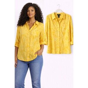 Lauren Ralph Lauren Cotton Voile Shirt Top Medium Yellow Floral Long Sleeve